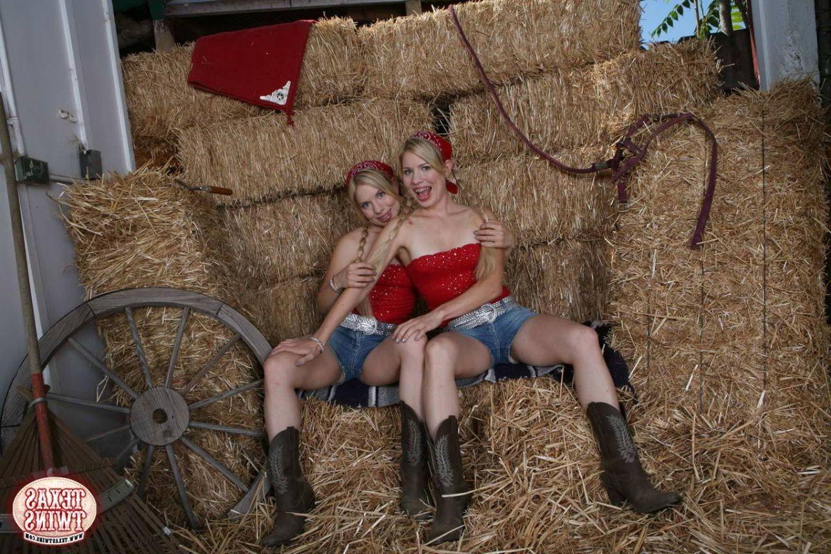 11P Pretty teen twins with small tits doing hot striptease on a farm