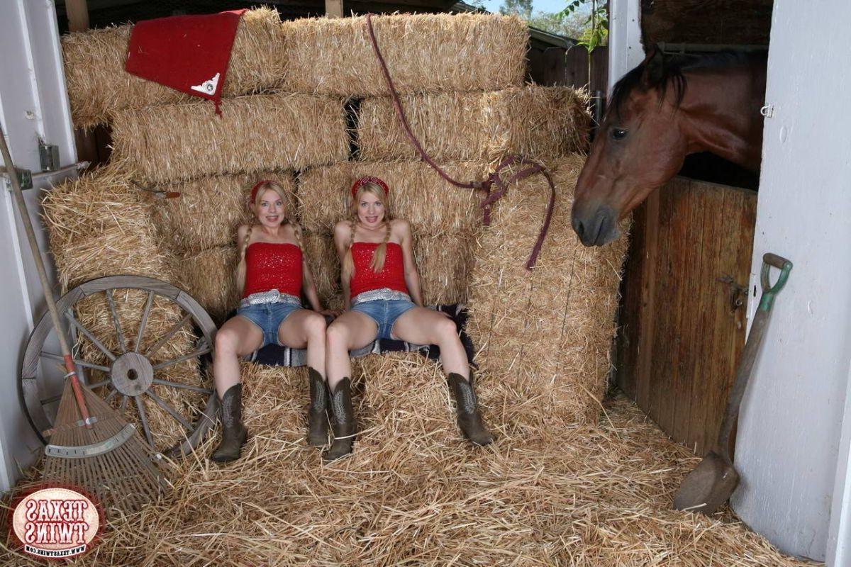 11P Pretty teen twins with small tits doing hot striptease on a farm