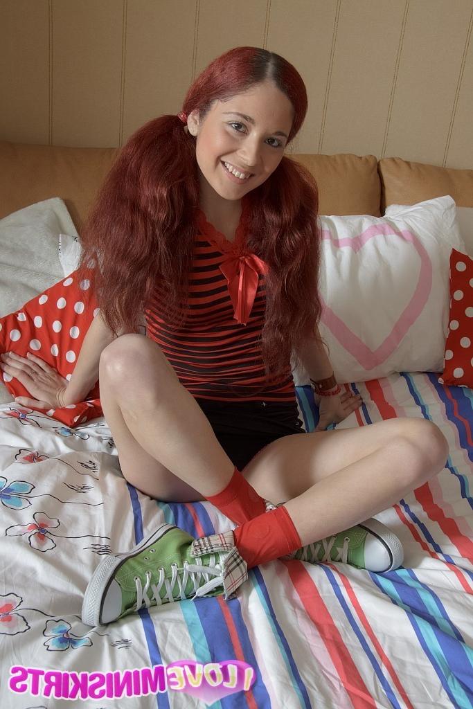 11P Babe in miniskirt with long red pigtails screams from big cock fucking