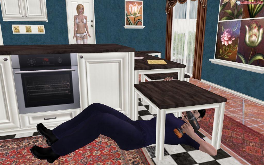 16P 3d animated handyman gets seduced in a kitchen