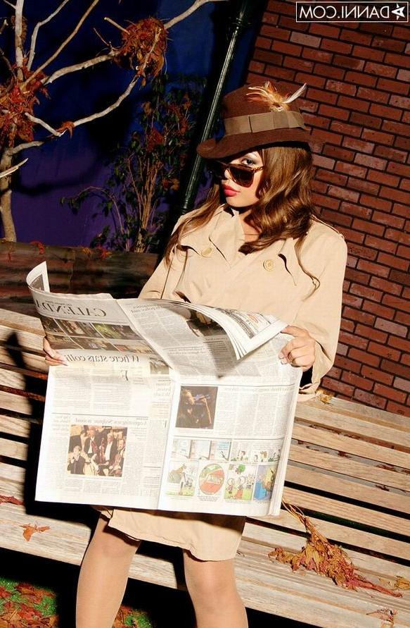 16P Asian Luana Lani in stockings wearing trench coat and hat