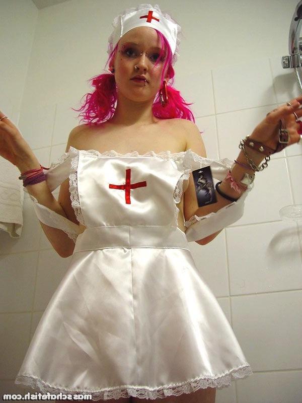 16P Pink haired goth chick Masscha trying out her sexy nurse outfit