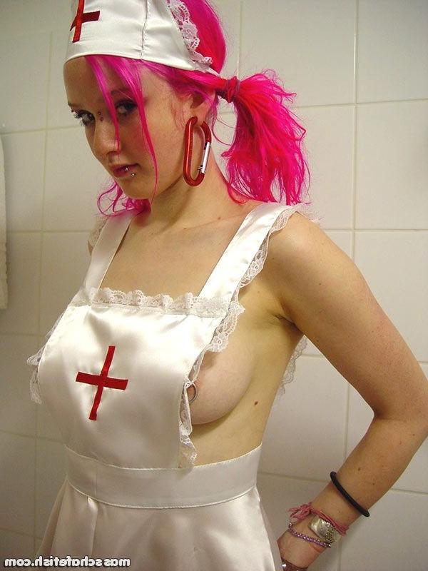 16P Pink haired goth chick Masscha trying out her sexy nurse outfit