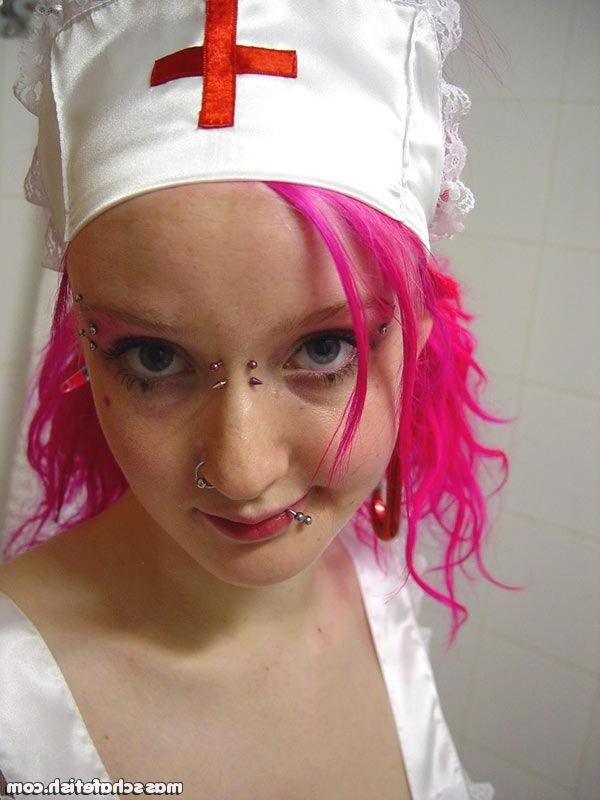 16P Pink haired goth chick Masscha trying out her sexy nurse outfit