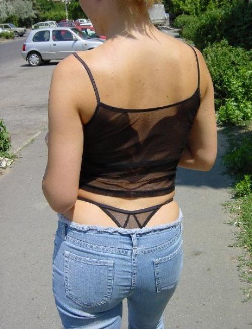 16P Tight blue jeans and black thong panties