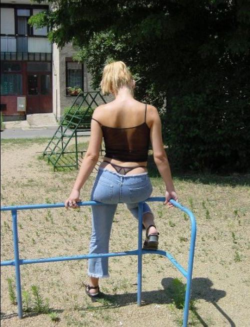 16P Tight blue jeans and black thong panties