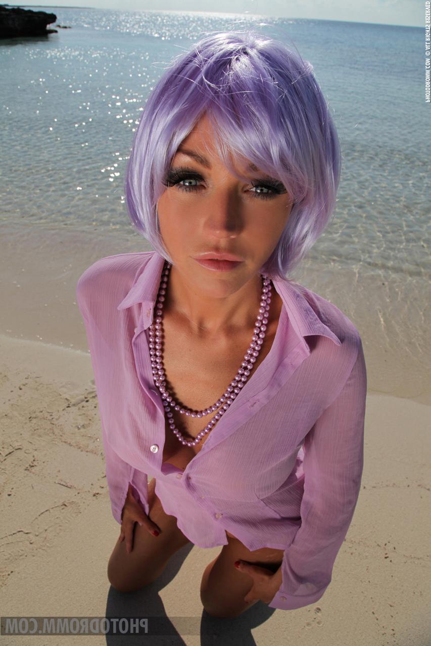 11P UK Glamour Model Holly Henderson In A Purple Wig At The Beach