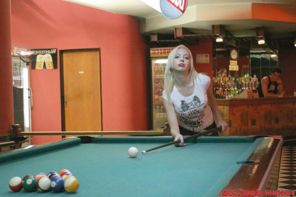 15P Stud fucks hot blonde in blue jeans on pool table and creams her face