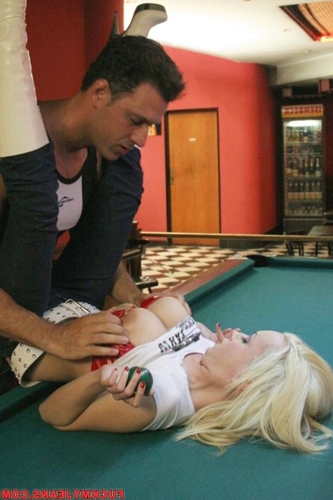 15P Stud fucks hot blonde in blue jeans on pool table and creams her face