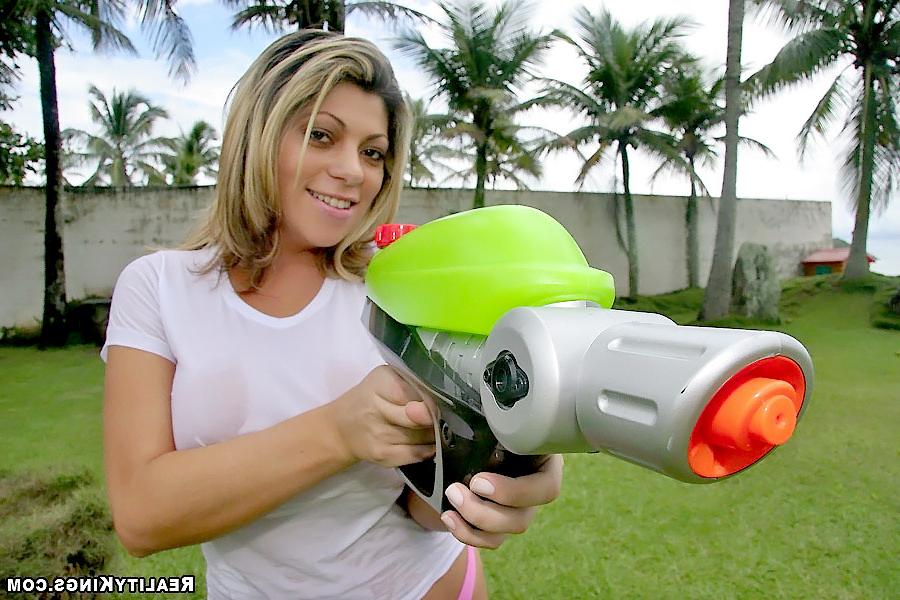 12P Super hot big tits brazilian babe plays by the pool with her water gun and gets 
