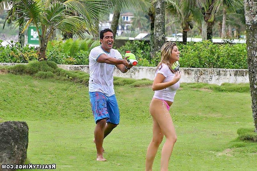 12P Super hot big tits brazilian babe plays by the pool with her water gun and gets 