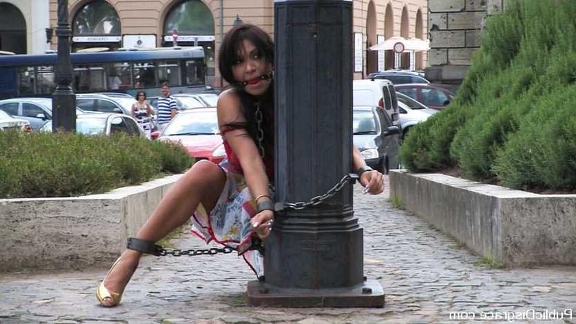 15P Kinky dark haired lass bondaged and fucked hard outside