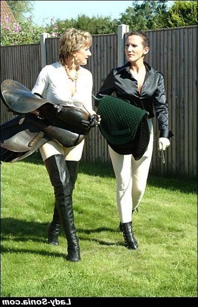15P Femme fatale mature mistresses train human pony outdoors