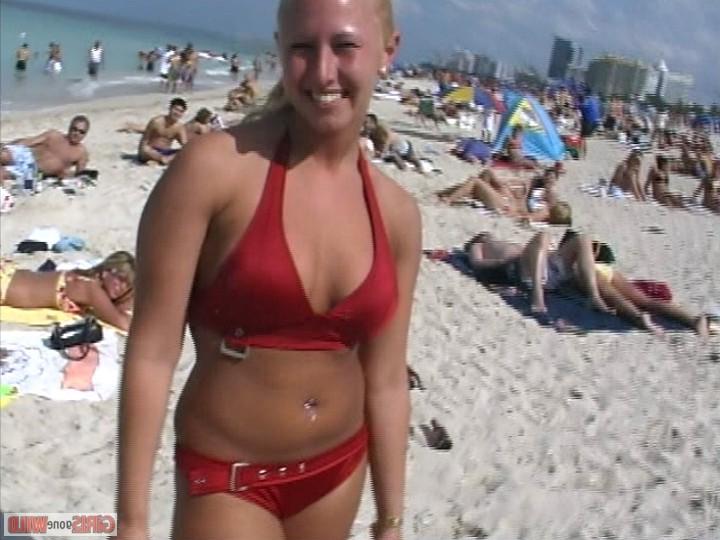 10P Blonde in a red bikini flashes her big titties