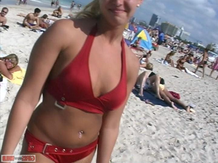 10P Blonde in a red bikini flashes her big titties