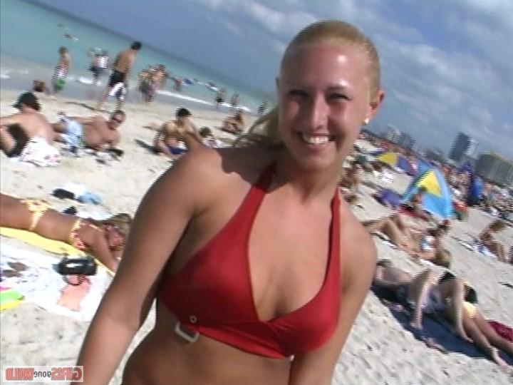 10P Blonde in a red bikini flashes her big titties