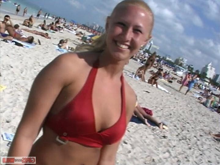 10P Blonde in a red bikini flashes her big titties