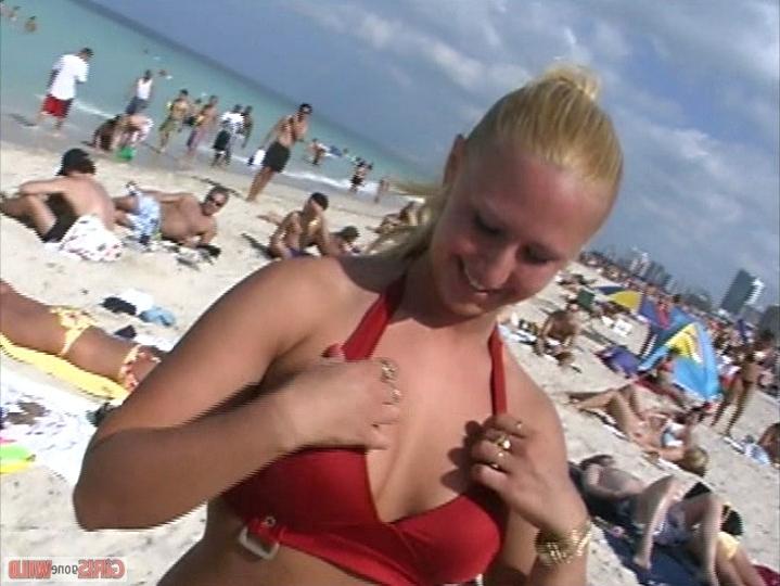 10P Blonde in a red bikini flashes her big titties