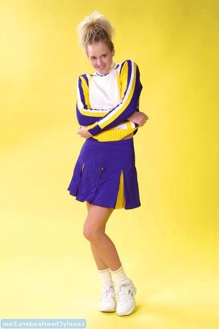 15P Pony tailed blonde cheerleader Mina press dildo between her tits