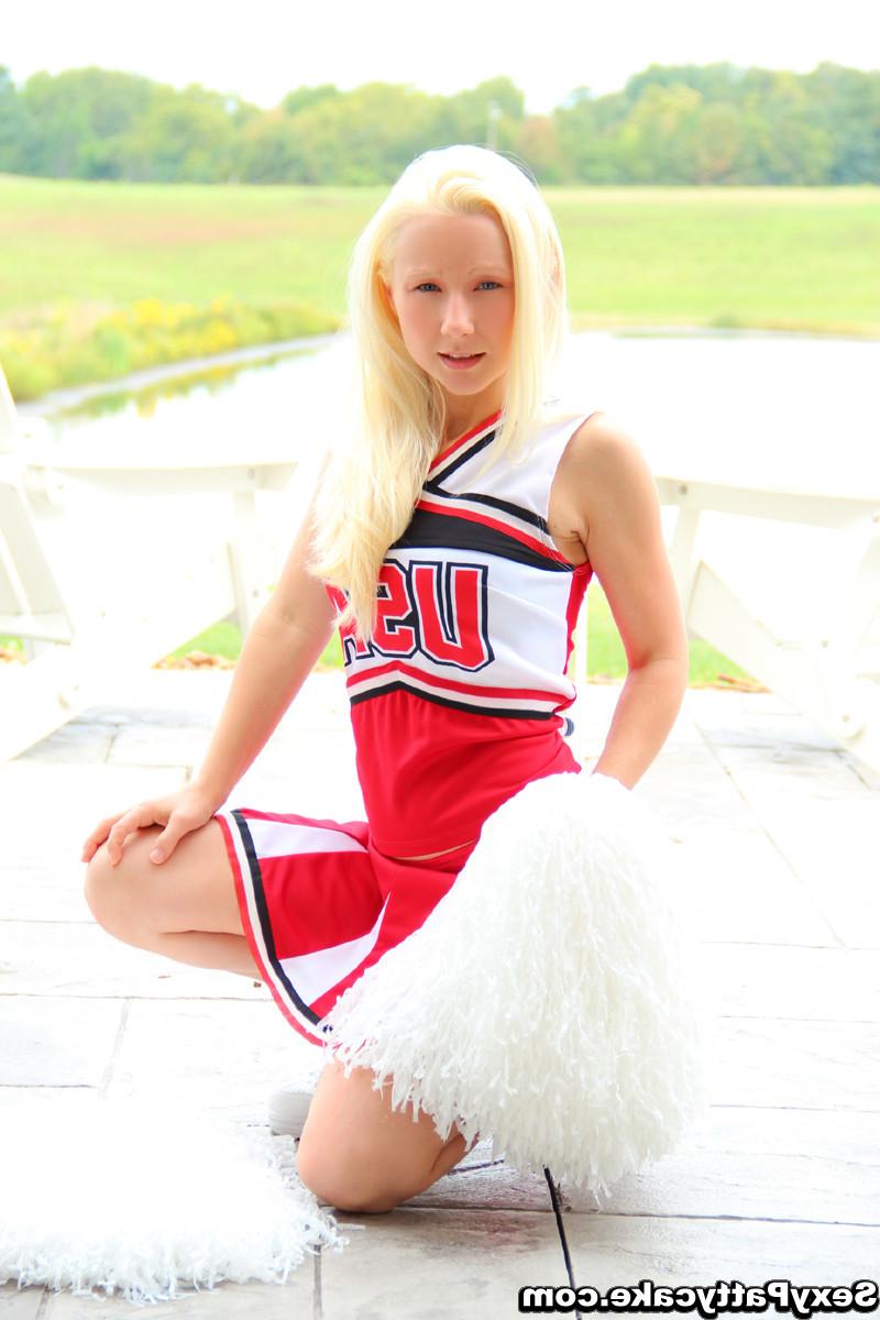 16P Petite blonde teasing and stripping in cheerleader uniform