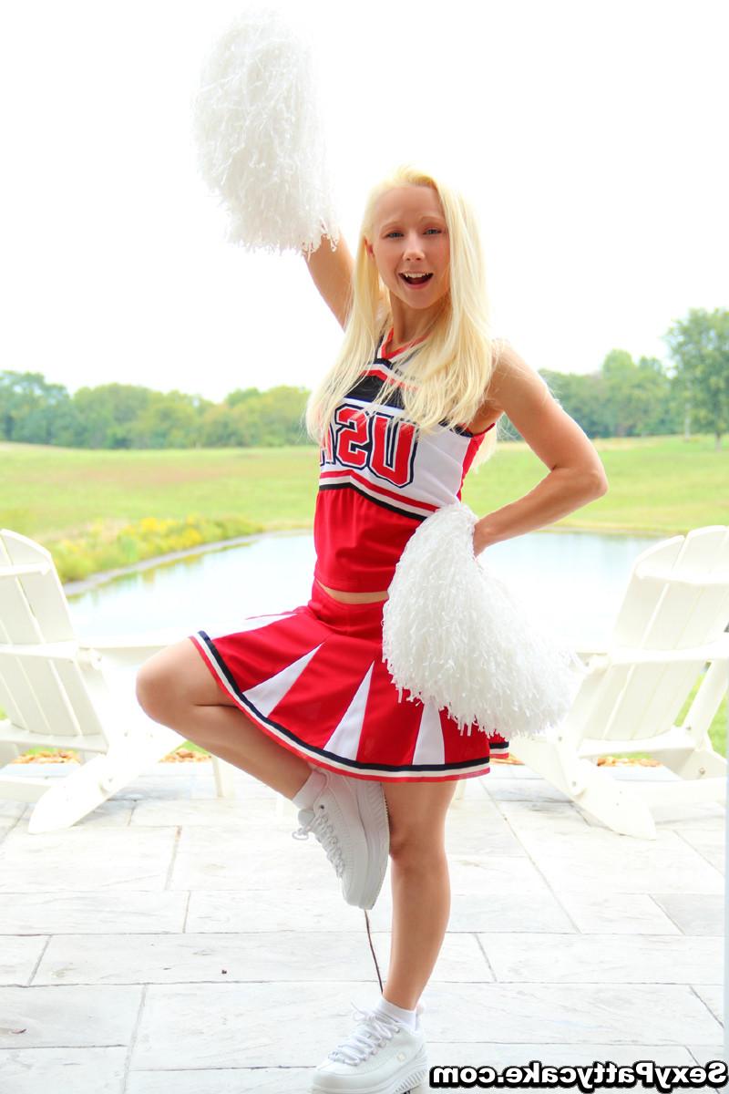 16P Petite blonde teasing and stripping in cheerleader uniform