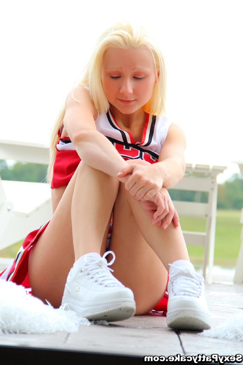 16P Petite blonde teasing and stripping in cheerleader uniform