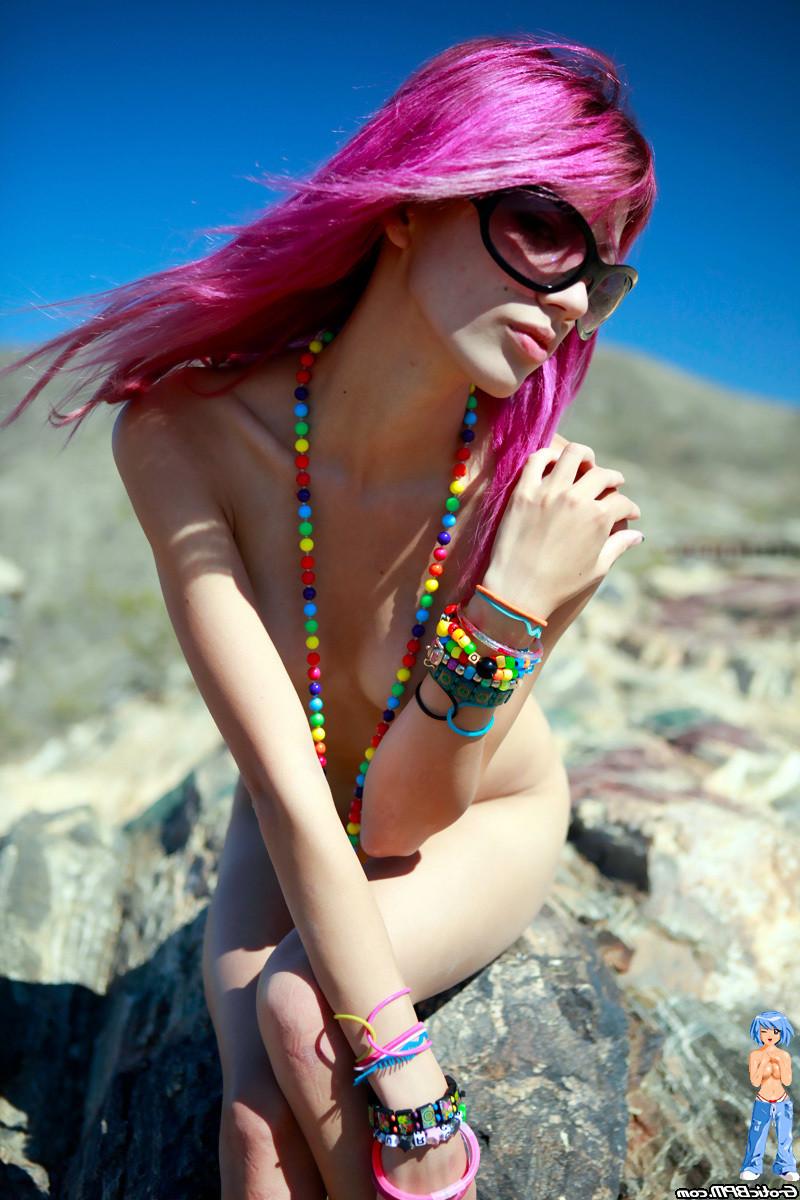 15P Super sexy skinny purple haired party girl naked in the sunshine