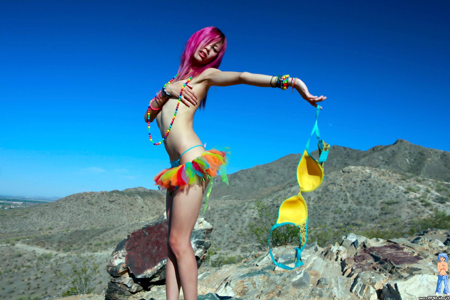 15P Super sexy skinny purple haired party girl naked in the sunshine