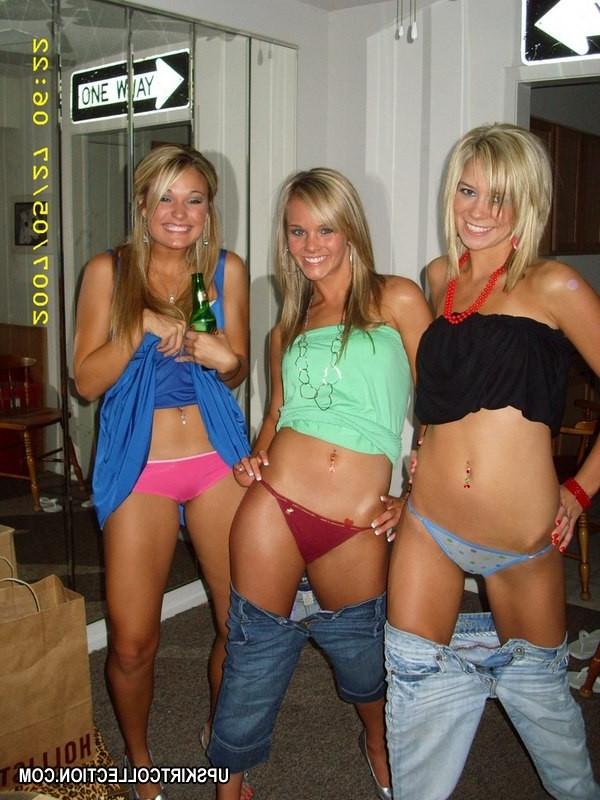 15P Partying chicks kneel jeans down showing off thong