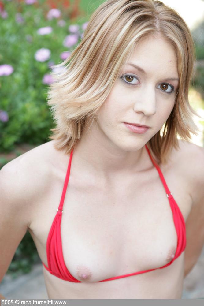16P Bikini  blonde in red thong reveals teenie boobies