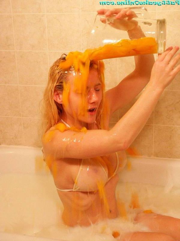 15P Teen in a bikini dumps milk on her big tits