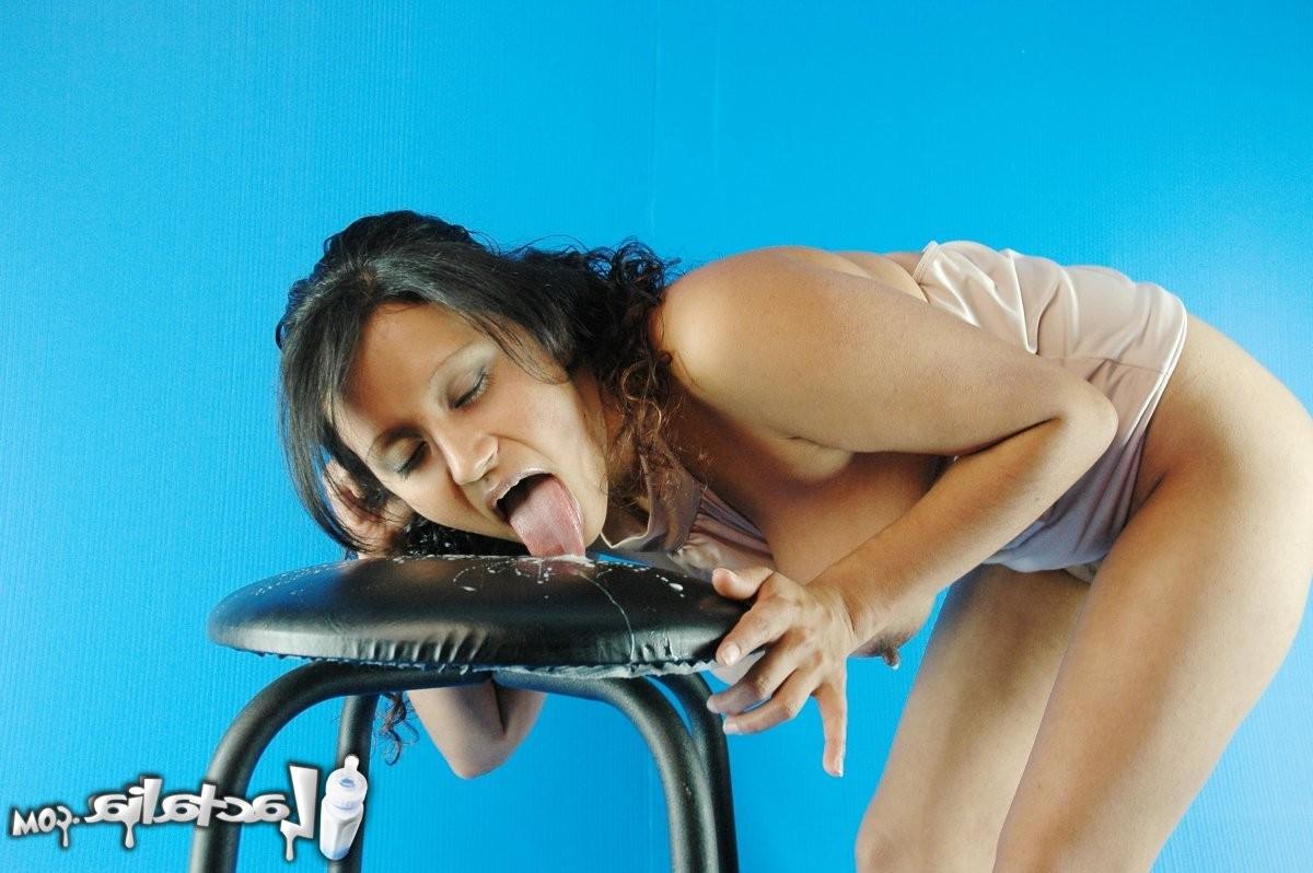 15P Cute latina licks breast milk off a stool