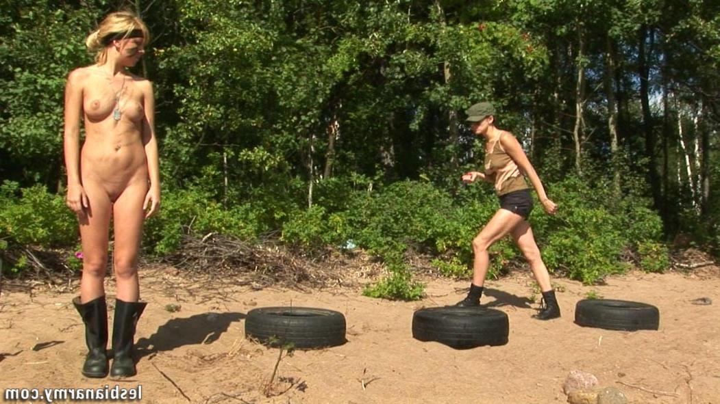 12P Outdoor military drilling of a nude fem swaddie