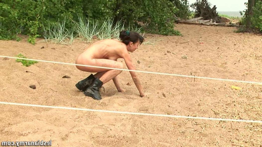 12P Skinny lesbian soldier straponed outdoors