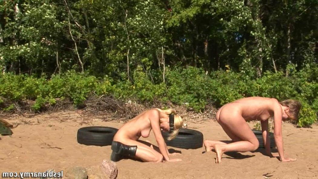 12P Two running and creeping nude lesbian soldiers