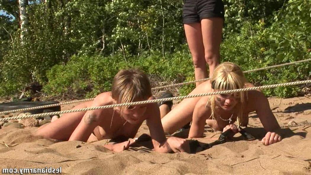 12P Two running and creeping nude lesbian soldiers