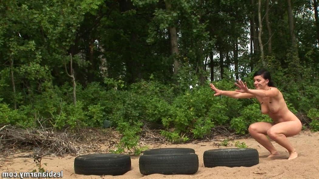 12P Special outdoor training of a nude female swaddie