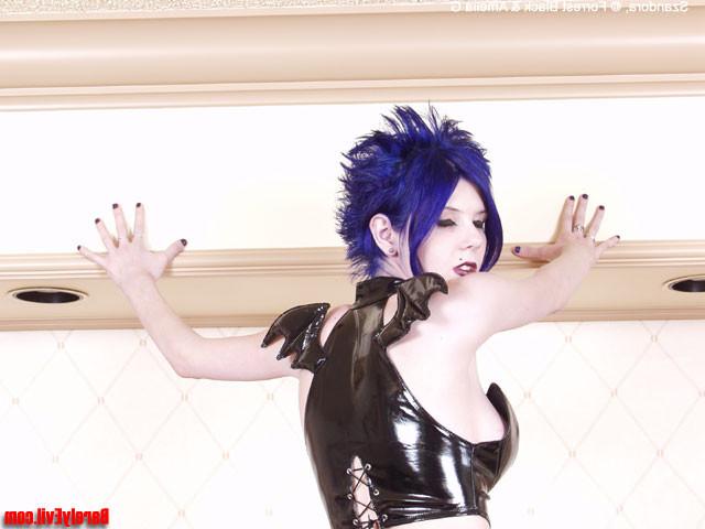 15P blue haired gothic babe spreads on her bed