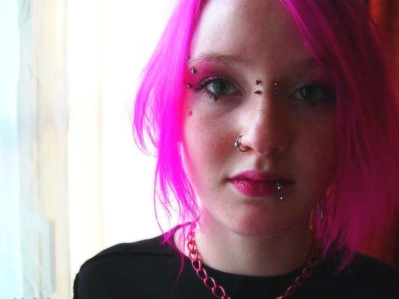 16P Pink haired goth babe Masscha shows her large pierced nipples
