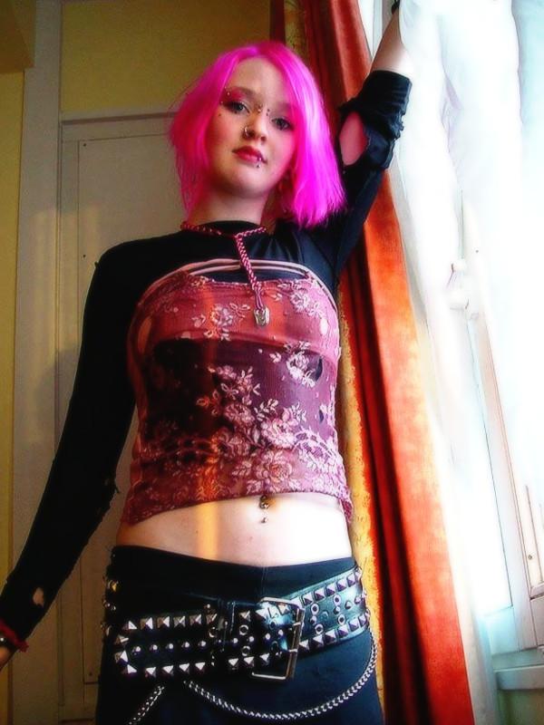 16P Pink haired goth babe Masscha shows her large pierced nipples