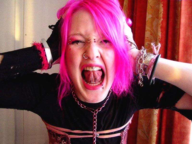 16P Pink haired goth babe Masscha shows her large pierced nipples