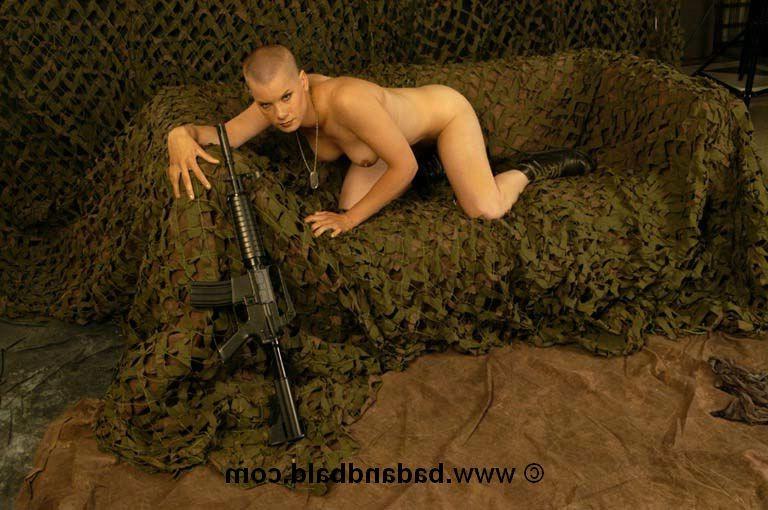 16P Bald teen babe in the army with a gun