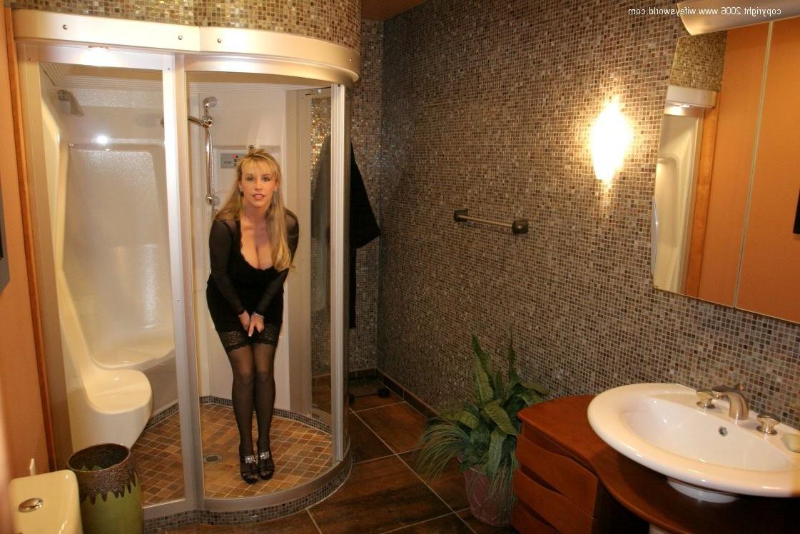 14P Sexy blond wife in black lingerie undressing in her bathroom