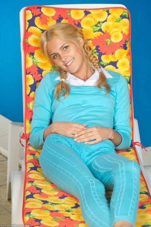 17P Exciting blonde teenie pulling down her thin snow white panties