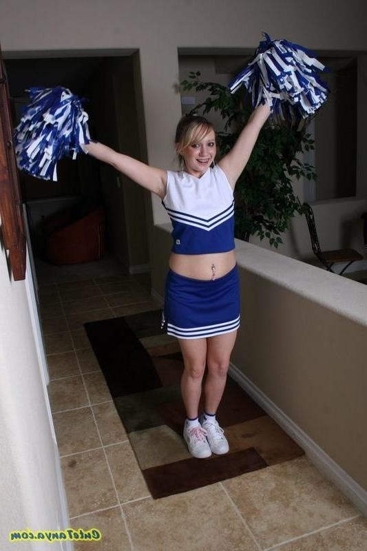 16P Hot blonde cheerleader in white thong shows her bare muff