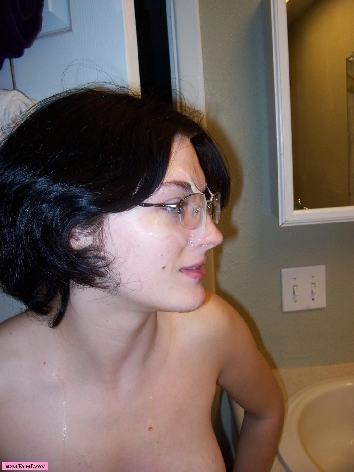 15P Brunette takes cumshot and gets jizz on her glasses