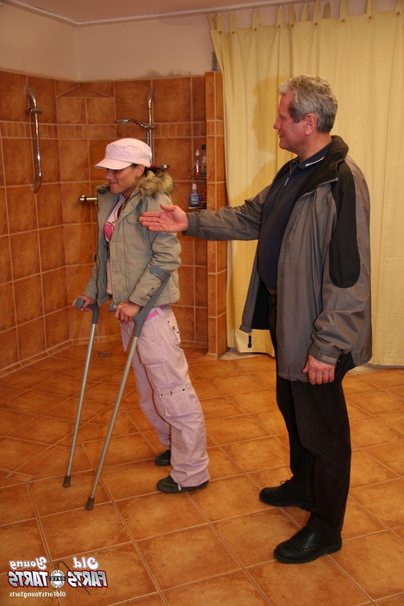 4P Crippled teenage bimbo gets lured by a senior into fucking