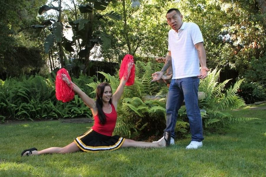 16P Brunette teen cheerleader Ally Style handling a massive dick outdoors