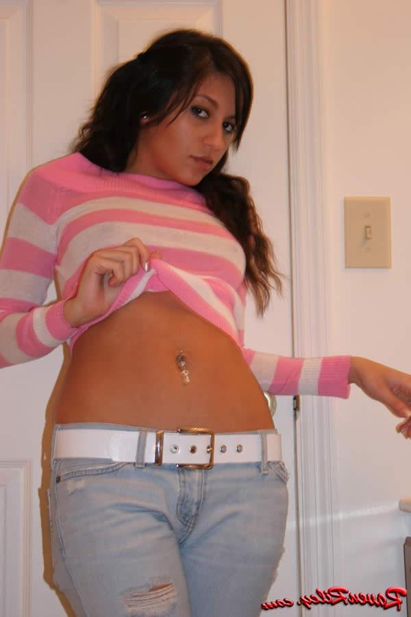 15P Brunette teen raven riley strips in the bathroom