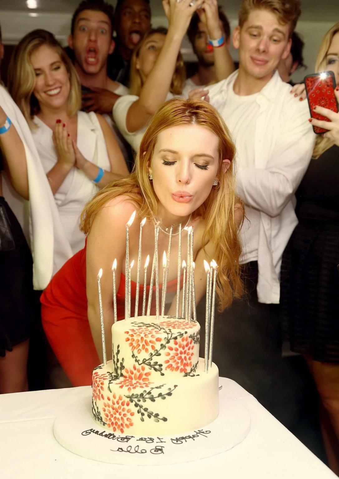 16P Bella Thorne busty in tight red tube dress for her birthday